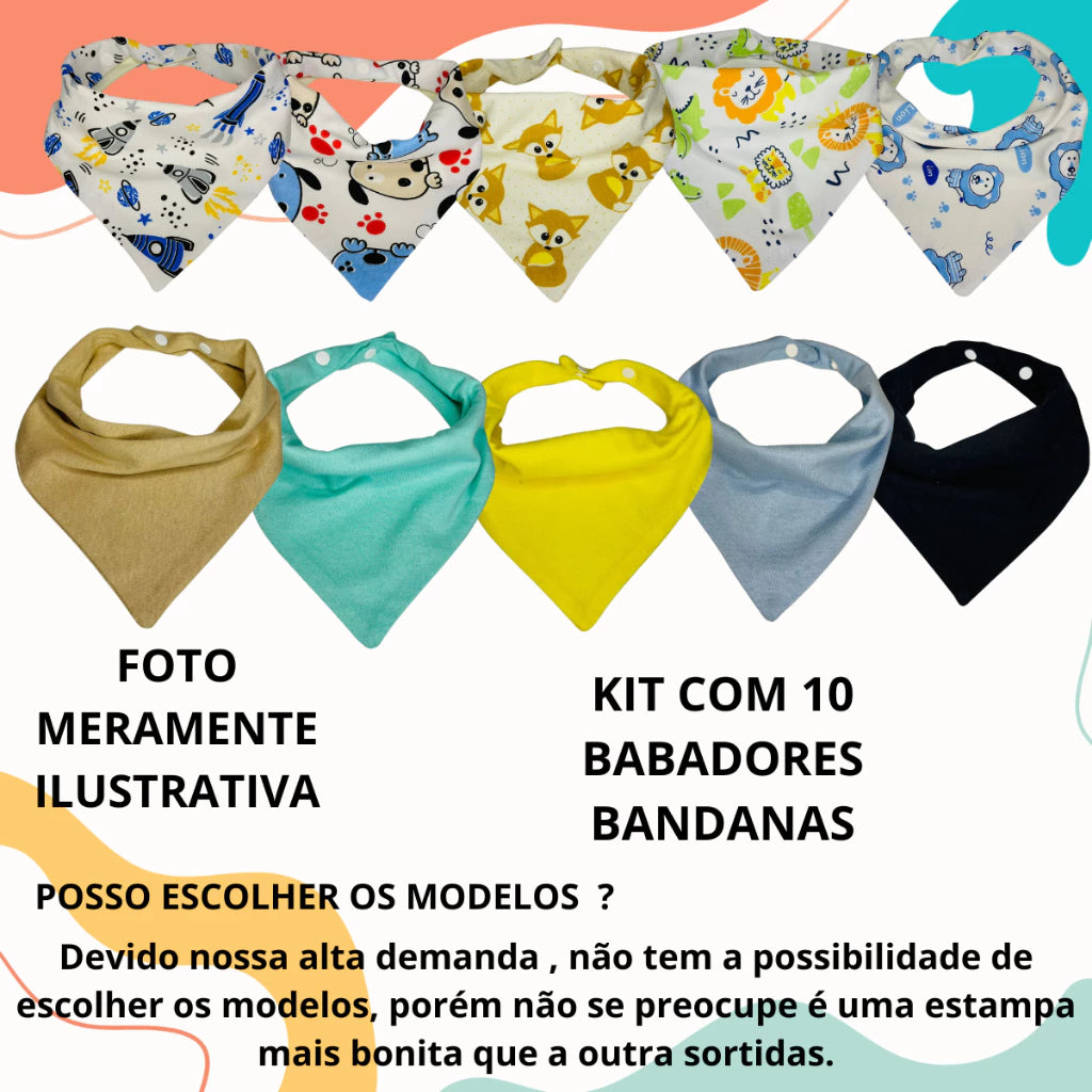 Kit Babador Estilo e Conforto - Kit C/10 Babadores Bandana Infantil Dupla Face
